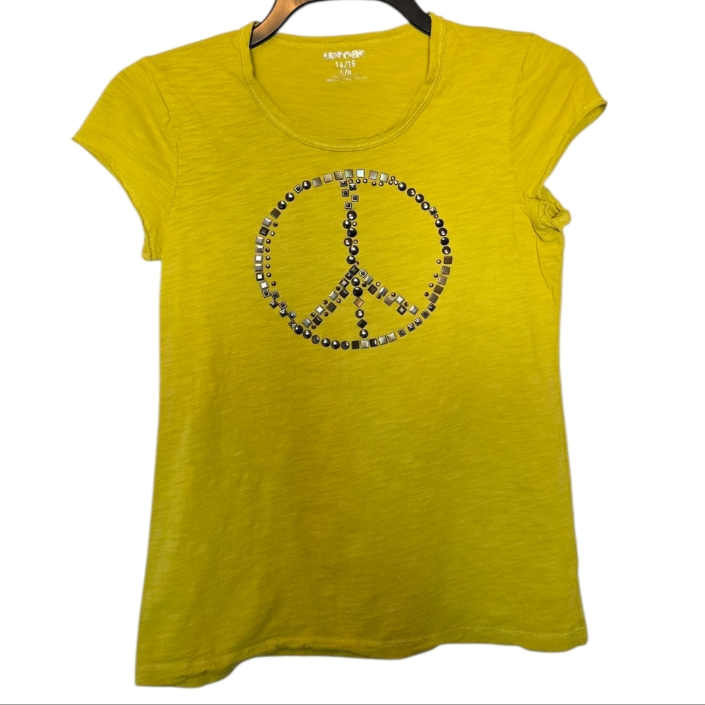 3/$15 Uproar Yellow Green Peace Shirt Girls Size Large